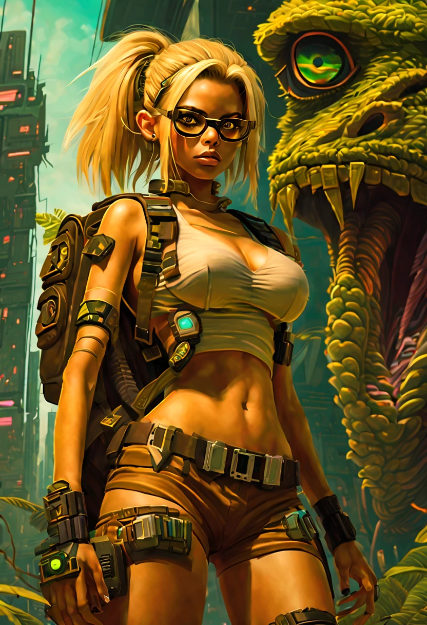 A ruined apocalyptic sci-fi city overgrown with alien plant life and strange alien monsters and animals, a busty beautiful young woman with tan skin and large bright hazel eyes with long lashes and cleopatra eyeliner, with a golden blonde hair, wearing a miniskirt and cut off tank top revealing the bottom of her breasts, round eye glasses, thigh high leather boots with stockings and a garter belt flashing a pair of silk panties, cyberpunk rifle slung over her shoulder, sci-fi backpack held on by straps across her chest, glaring at a monster in the far distance, side ponytail, Hyperrealism, masterpiece, best quality, 16k, anatomically correct, super detail, award winning, erotic poses, kneeling, bent over