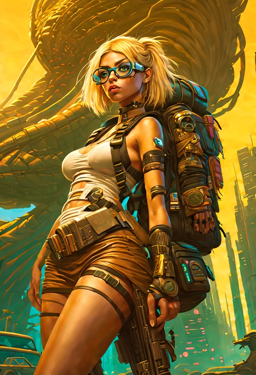 A ruined apocalyptic sci-fi city overgrown with alien plant life and strange alien monsters and animals, a busty beautiful young woman with tan skin and large bright hazel eyes with long lashes and cleopatra eyeliner, with a golden blonde hair, wearing a miniskirt and cut off tank top revealing the bottom of her breasts, round eye glasses, thigh high leather boots with stockings and a garter belt flashing a pair of silk panties, cyberpunk rifle slung over her shoulder, sci-fi backpack held on by straps across her chest, glaring at a monster in the far distance, side ponytail, Hyperrealism, masterpiece, best quality, 16k, anatomically correct, super detail, award winning