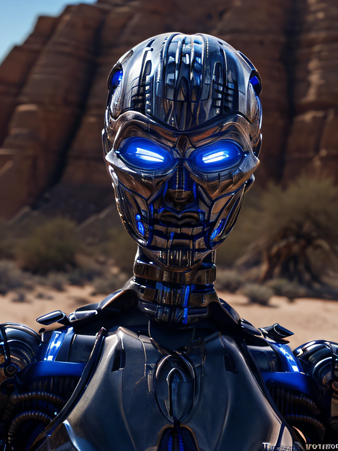 realistic, TX in california desert, noon, clear lighting, glowing blue, (TX Endoskeleton:1.5), detailed TX endoskeleton, ultrarealistic TX endo, (deep focus), (sharp details), (detailed environment:1.0), best quality, ultra HD 8K