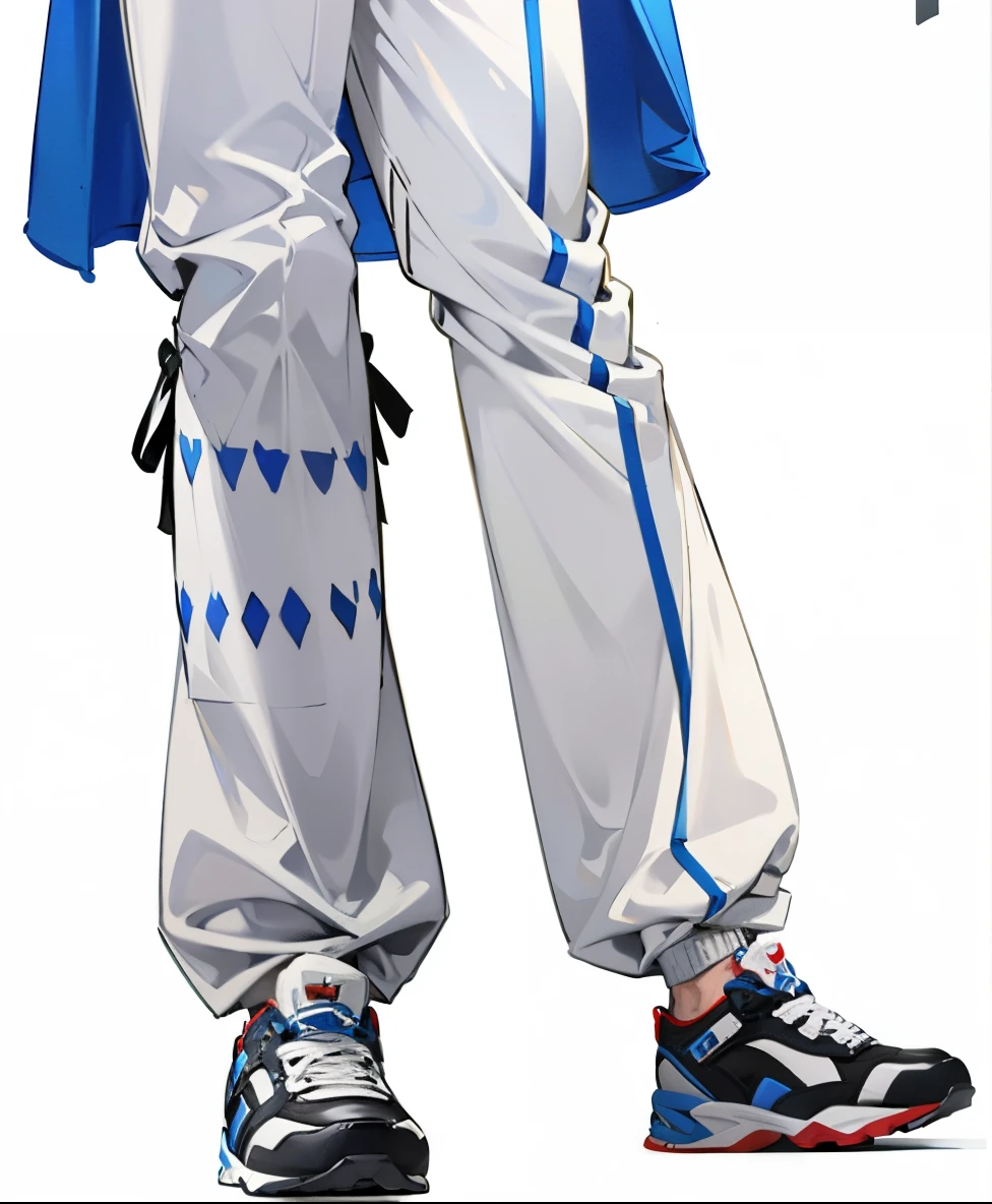 white wide-leg pants,Stylish tailoring,red stitching,close-up on legs,inflatable legs,Sneakers Raton,Sneakers front,Side of the thighs,