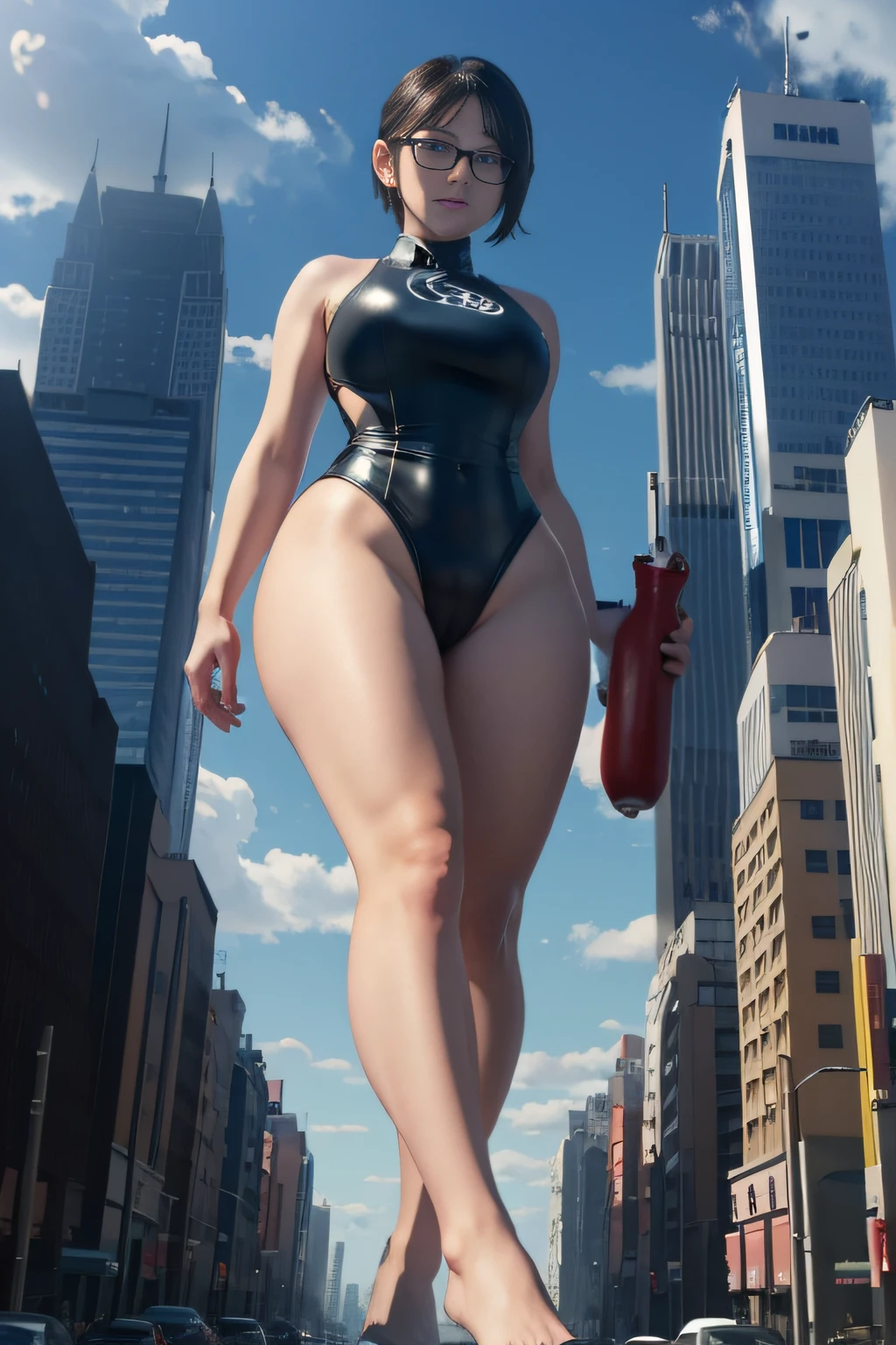 mujer con pene, Cum on the street, cum on the building, Futanari, no testicles, erection, giantess art, highly detailed giantess shot, der riese, Beautiful girl wearing a huge swimsuit, Shorthair, Giant woman bigger than a skyscraper, Wearing rimless glasses, Colossal tits, Big ass, Futanari, Giant Root, Erect penis, very small metropolis, miniature metropolis, Full body depiction, Removed clothes are hung on the building., nffsw, der riese, Small town,micro city,