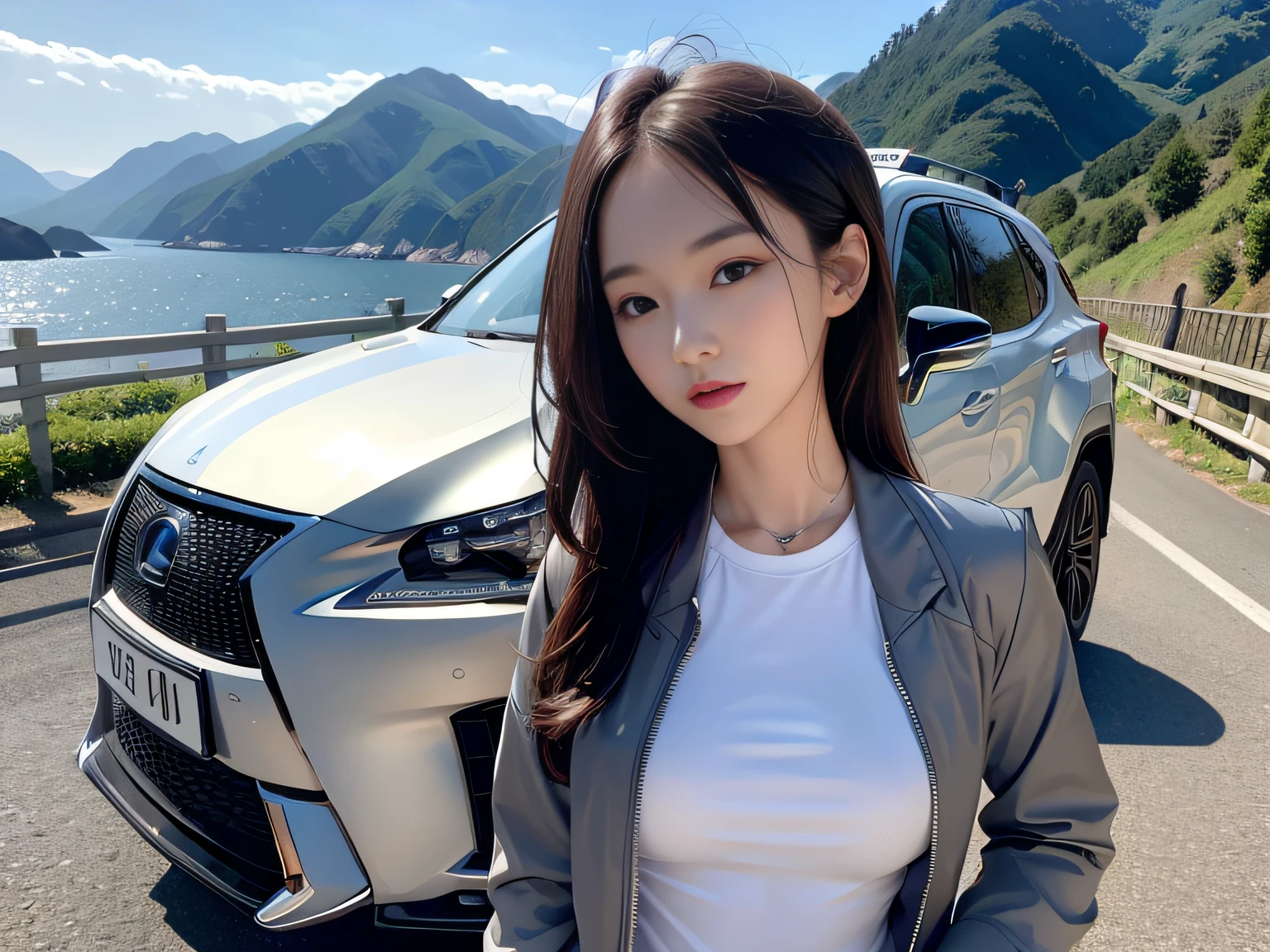 1womanl、Slender woman、sports jacket、Competition between beautiful women and sports cars、超A high resolution、An ultra-high picture quality、8K、Wonderful expression with attention to detail、early summer coastline、A white SUV stopped on a mountain road、Lexus NX450h