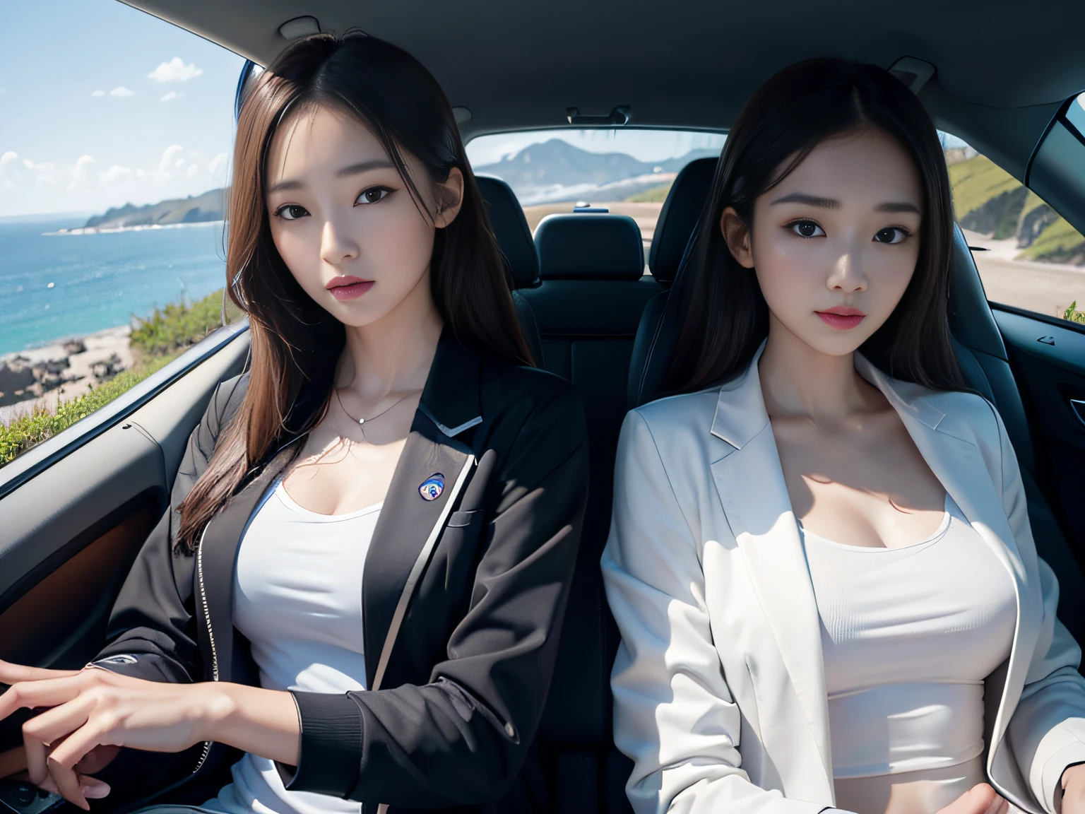 1womanl、Slender woman、sports jacket、Competition between beautiful women and sports cars、超A high resolution、An ultra-high picture quality、8K、Wonderful expression with attention to detail、early summer coastline、A white SUV stopped on a mountain road、Lexus NX450h