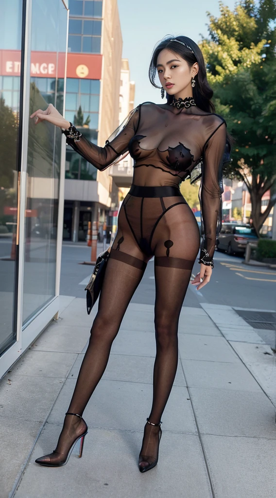 one-girl，Crop tops，（（（If you look at the girl from her feet，ssee-through，Lower view））），Towering body，Normal clothes，Black tights，low angles，looking at viewert，ssmile，Huge，There are abs