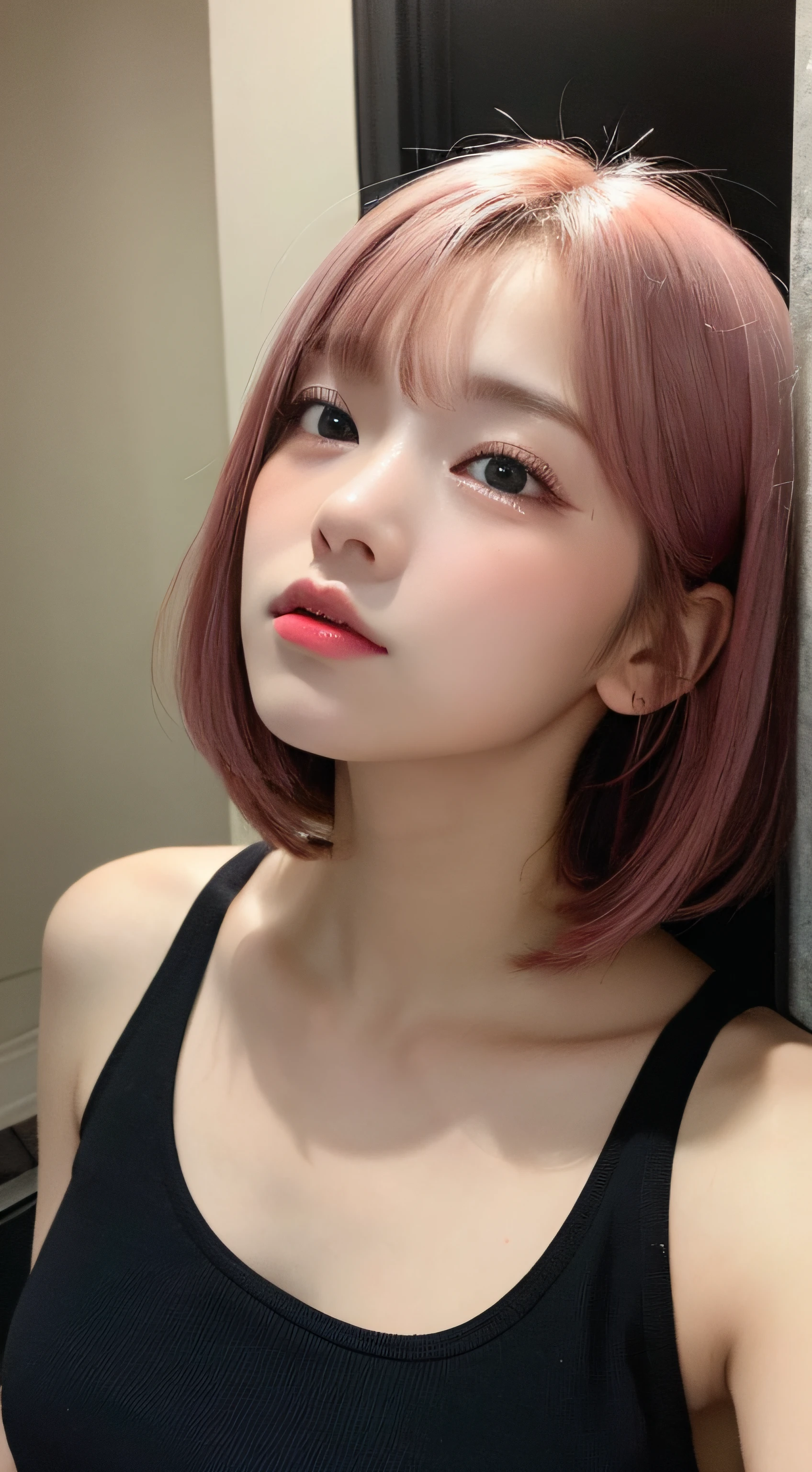 masutepiece, Best Quality, Illustration, Ultra-detailed, finely detail, hight resolution, in 8K,Wallpaper, Perfect dynamic composition, Beautiful detailed eyes, Black tank top,Short bob hair、Pink hair color,Big Natural Color Lip, Bold sexy poses,Crying a little、cold stare,Harajuku、20 years girl、Cute、Looking up at the ceiling、In a dark room、Sleeping on the bed