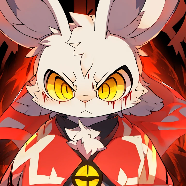 ( white male bunny) ( red cloak with golden symbol) ( death glare) ( yellow eyes) ( covered in blood) ( kanata)