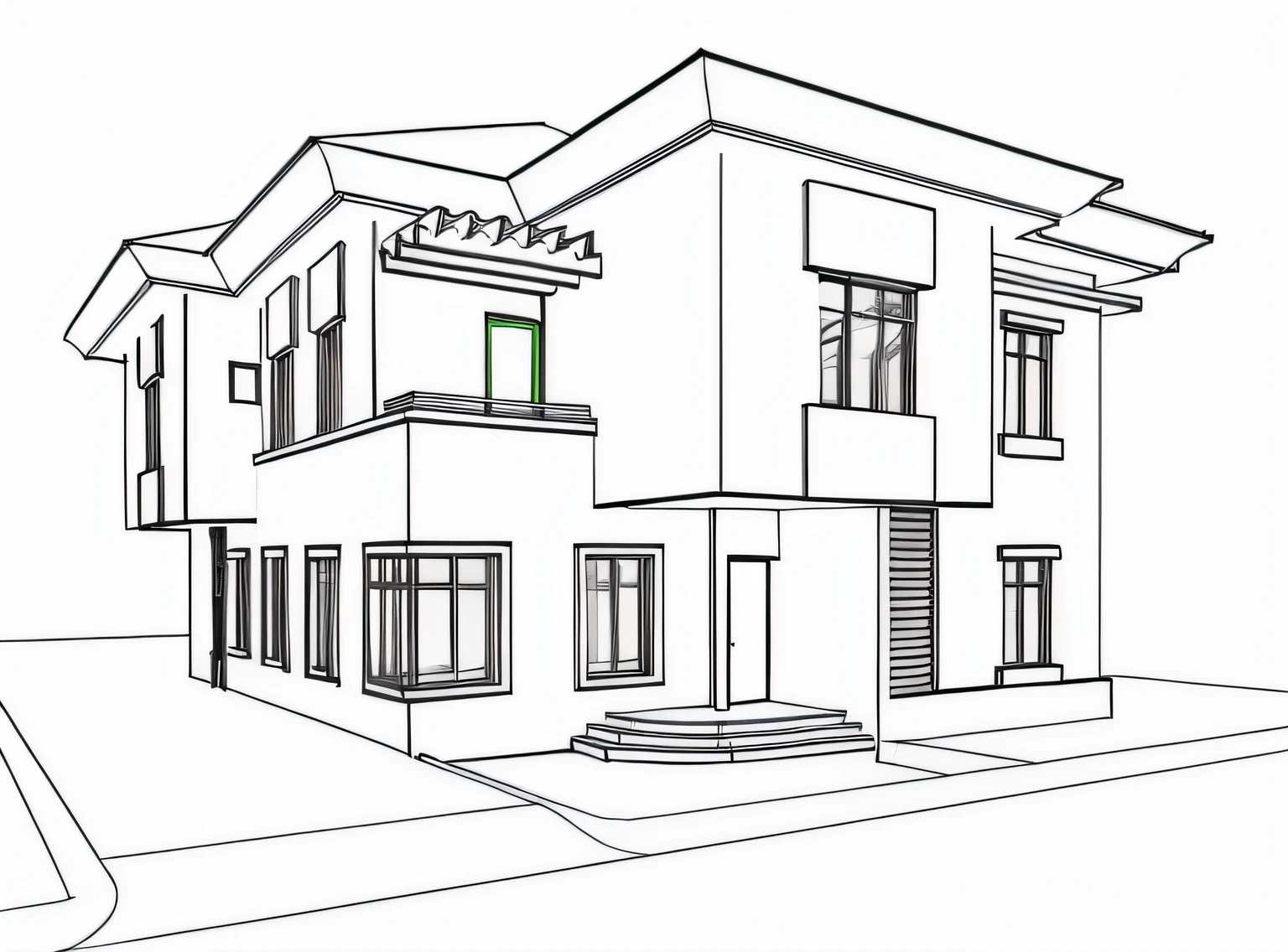 a drawing of a house with a green door and a car parked in front of it, in style of simplified realism, 3 d point perspective, comprehensive 2 d render, single point perspective, accurately drawn details, digitally drawn, outline drawing, sketch - up, 2 - point perspective, two point perspective, 2 point perspective, 2 d render, two-point perspective