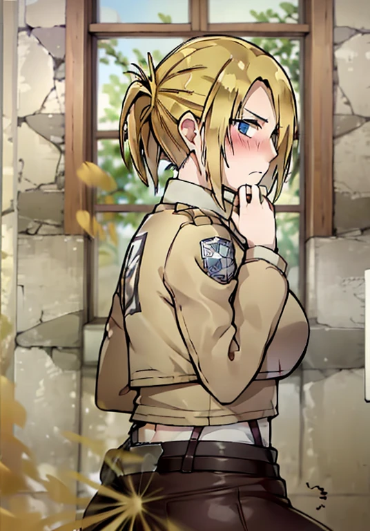 ((annie leonhart)),((velocity)),Attacked by farts, (((Women stand)),velocity,((dorm room)),((One Woman)),((fart while stand),her butt facing screen,fullbody,blue eyelushing)),(​masterpiece:1.2、top-quality)、(the Extremely Detailed CG Unity 8K Wallpapers、ultra-detailliert、Best Shadows)、(细致背景)、(The best lighting、extremely delicate and beautiful)、depth of fields、1girl in、独奏 ,Women wear  scout outfit,Ephemeral,,(blonde),(scout regiment outfit)),((((Girl  embarassed when she smells the bad smell of farts)))),outfit like a scout regiment,((((profile facing diagonally)))),((i&#39;I closed my mouth with hand feel embarassed...)),((massive fart)),((fart text))