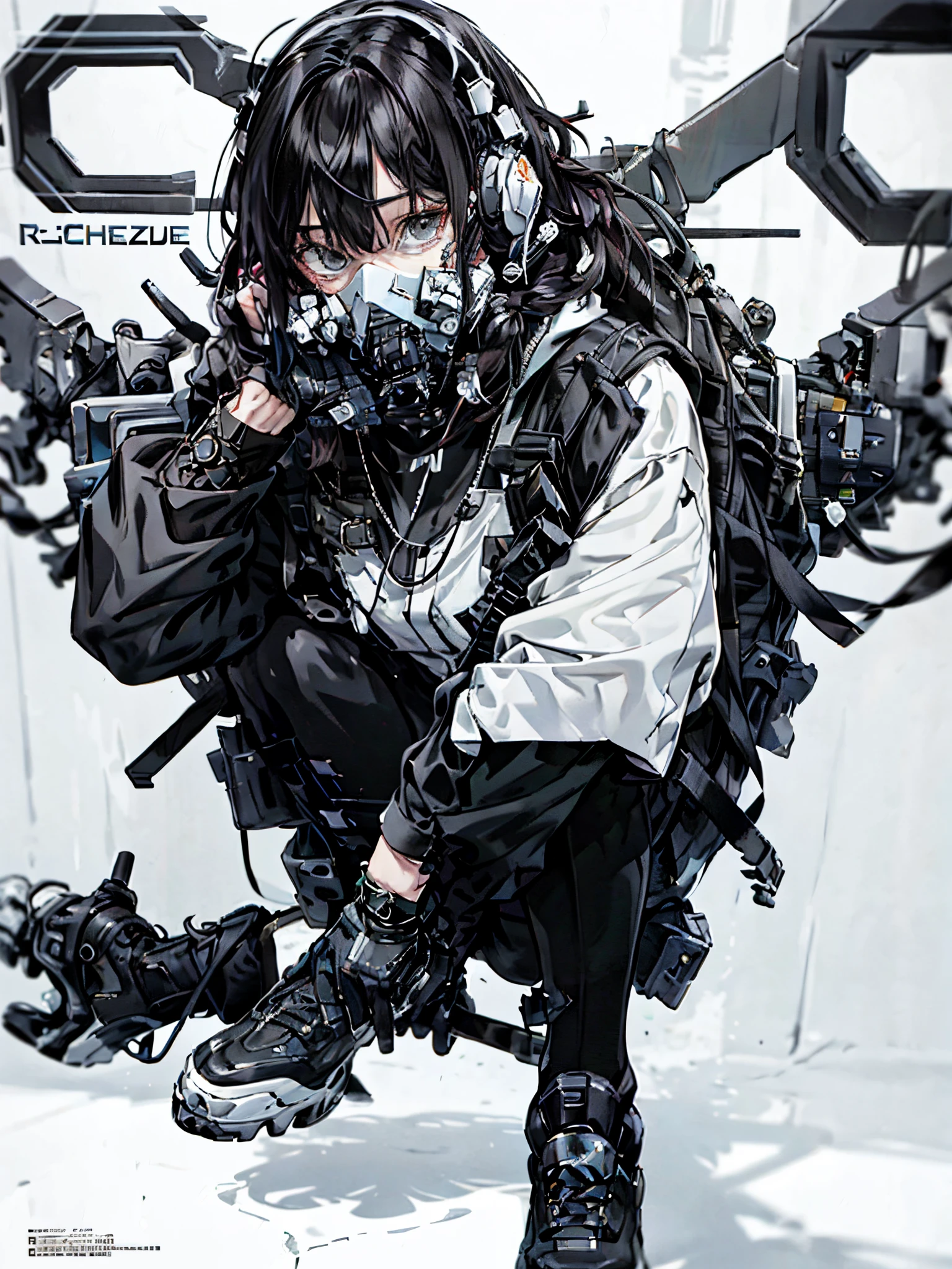 (MagazineCover:1.3),ulzzang-6500, (Realistic: 1.3) (Original: 1.2), masutepiece, Best Quality, Beautiful clean face, full body Esbian, 1womanl, (Wearing black-and-white and cobalt sci-fi tech masks and headphones with complex electronics), wearing black techwear jacket and orange trousers with buckle and tape, (crystal necklace), posed for photo, (Brunette hair, Braids,), steampunc