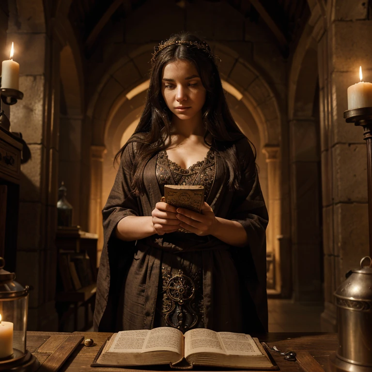 Detailed description of the subject with maximum possible information to describe the image: A female alchemist, dressed in a flowing robe adorned with intricate symbols and alchemical motifs. She stands in a dimly lit chamber filled with ancient tomes and mystical apparatus. The alchemist holds a weathered and ornate antique book in her hands, its pages displaying cryptic diagrams and arcane writings. Her expression is focused and contemplative, exuding an aura of wisdom and mystery.