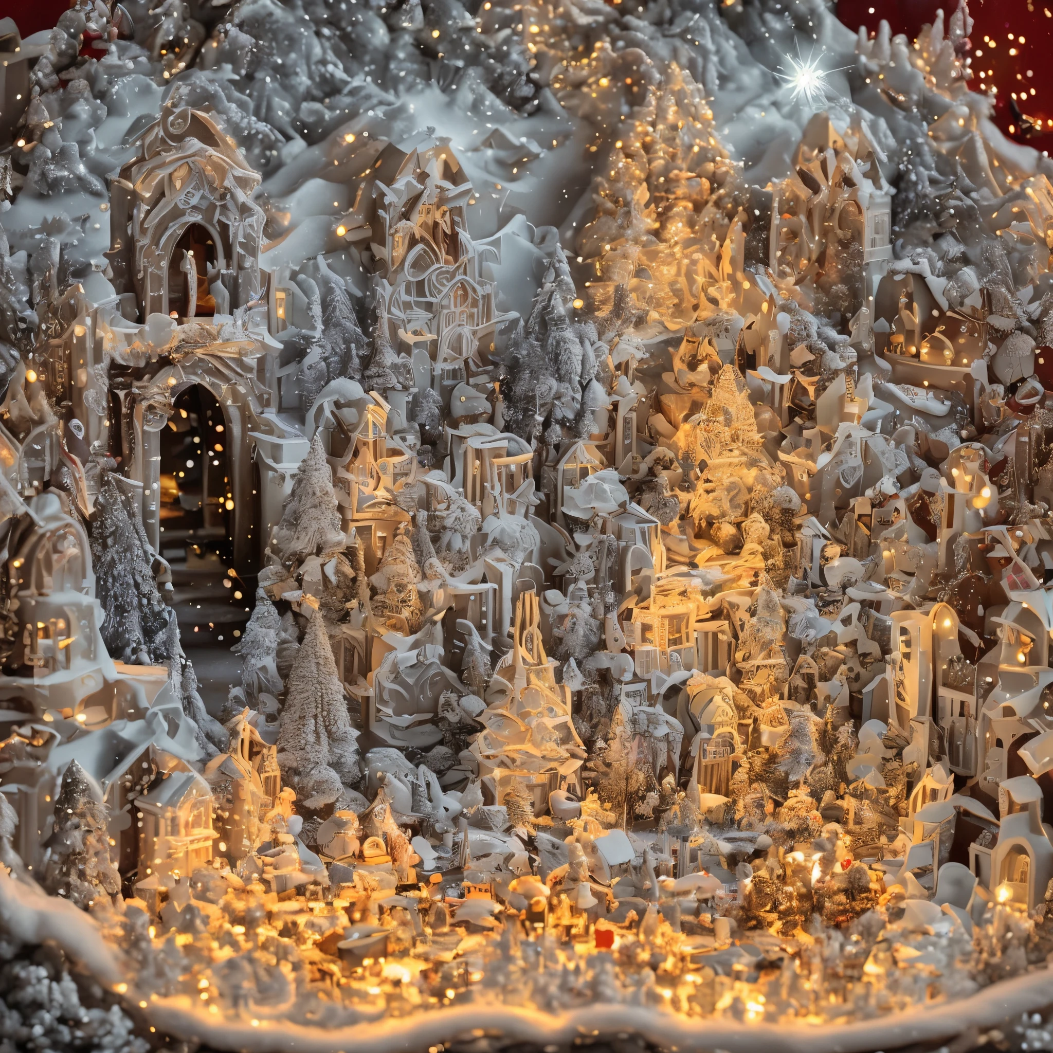 In a very beautiful dessert shop，bonfires，Celebrate Christmas，Couple celebrating Christmas，There  a Christmas tree in the house，The overall tone  warmer，Lighting，high high quality，detail-rich，𝓡𝓸𝓶𝓪𝓷𝓽𝓲𝓬，beautiful light up，romantic christmas，the picture was beautiful，Illustration quality，Candy and Snacks，Christmas gifts