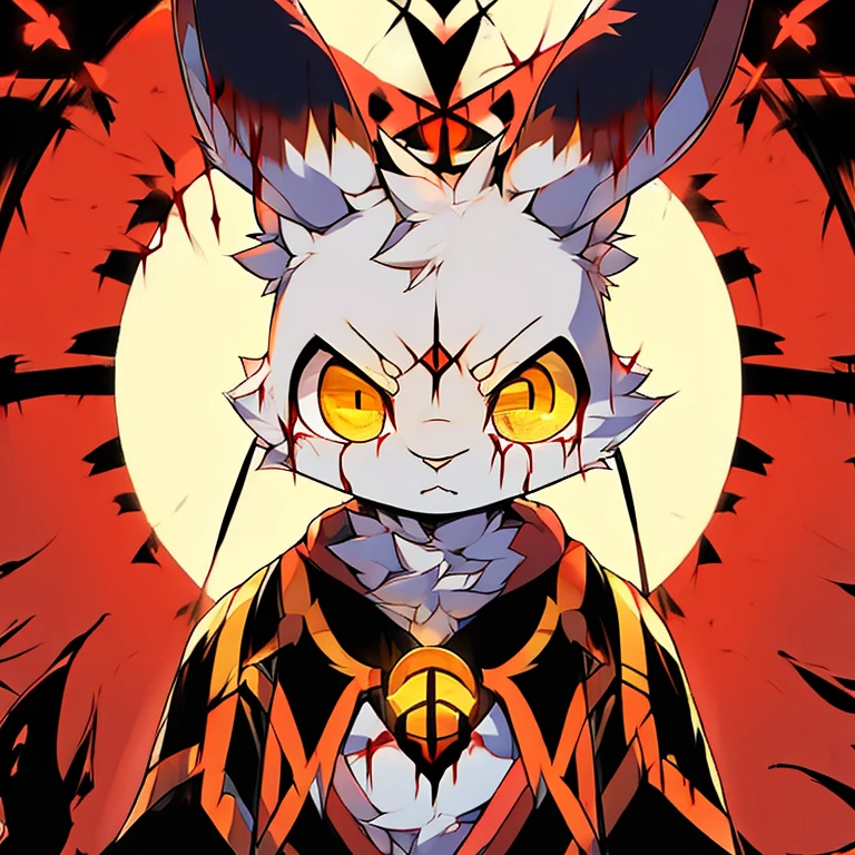 ( white male bunny) ( red cloak with golden symbol) ( death glare) ( yellow eyes) ( covered in blood) ( kanata) ( black symbol of star of chaos on his chest)