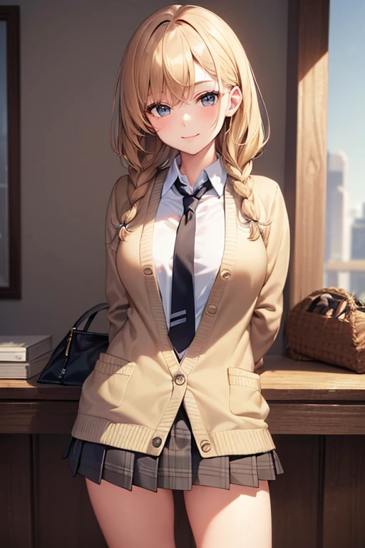 (ultra-detailed:1.3, master piece:1.3, best quality:1.3, high resolution:1.3) girl, teenager, beautiful face, 1 person, beautiful breasts, slim waist, brown eyes, eyes in highlight ,catch light eyes, specular highlight eyes, braided hair, (baggy cardigan:1.3)white business shirt, ( blue necktie,) gray plaid pleated skirt, black high socks, loafers, front tuck-in, standing, (smile, arms behind back:1.3,)