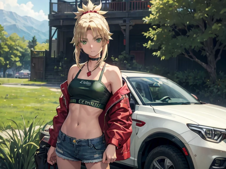 modred, (green eyes:1.5), blonde hair, ponytail, short hair, scrunchie, red scrunchie, hair scrunchie, denim, denim shorts, jacket, midriff, navel, red jacket, short shorts, shorts, tube top, red line white top, strap gap, looking at viewer, confused face