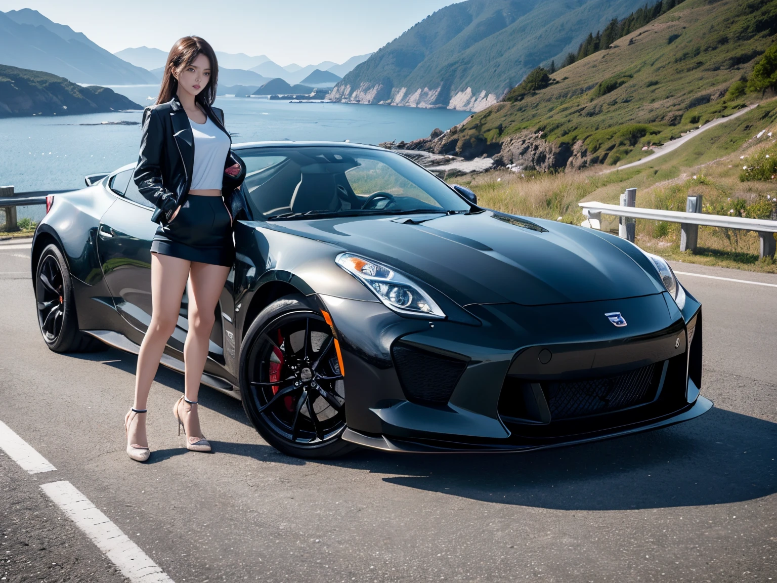 1womanl、Slender woman、sports jacket、Competition between beautiful women and sports cars、超A high resolution、An ultra-high picture quality、8K、Wonderful expression with attention to detail、early summer coastline、A white sports car stopped on a mountain road、nissan fairladyZ 3000ZR Cabriolet