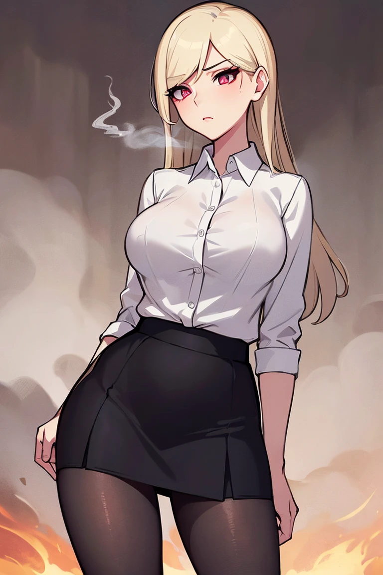 smoking girl, adult, mature, beautiful , thinking, serious, (tight_skirt) , pantyhose, (formal white shirt) eyelashes, portrait, smoke on foreground, smoke on background, dynamic composition, anime composition, manga , high detailed, master piece, arms, hips, (very much smoke) medium breast, profile view