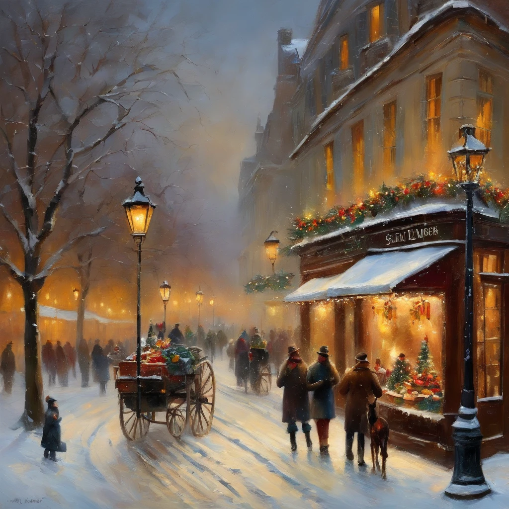 (best quality,4k,8k,highres,masterpiece:1.2),ultra-detailed,(realistic,photorealistic,photo-realistic:1.37),snowy winter night in Paris,beautifully illuminated Eiffel tower,peaceful snow-covered streets,romantic couples strolling hand in hand,glowing streetlamps casting warm light on the snow,clothing stores decorated with sparkling lights,vibrant Christmas market with colorful stalls,charming horse-drawn carriages dashing through the snow,delicate snowflakes falling gracefully,creating a magical atmosphere,icy river Seine reflecting the lights of the city,gentle breeze carrying the faint scent of hot chocolate,quiet footsteps accompanied by the crunching sound of snow,laughing children building snowmen and throwing snowballs,faint sound of Christmas carols and joyful laughter,smoke rising from chimneys,signaling cozy winter nights by the fireplace,hidden alleys adorned with twinkling fairy lights,adding a touch of mystery to the scene,artist capturing the picturesque scenery on canvas,breathtaking panorama of the city,with snow-covered rooftops and towering landmarks,inviting viewers to immerse themselves in the winter wonderland.
