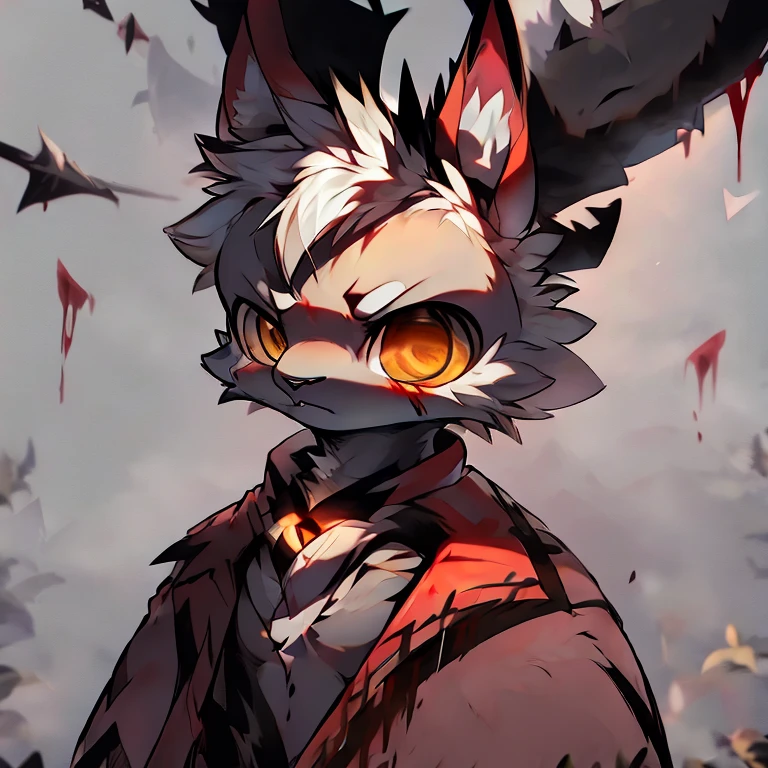( white male bunny) ( red cloak with golden symbol) ( death glare) ( yellow eyes) ( covered in blood) ( kanata) ( black symbol of star of chaos on his chest)