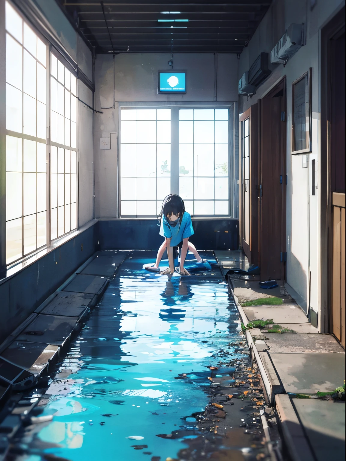 A person, bent down to pick up the fallen tube, there still a residual liquid on the ground, the liquid blue, animation picture, in a room