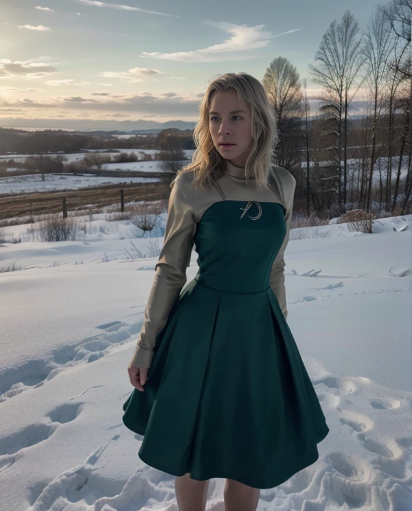 8k, best quality, (photorealistic:1.0), 1 girl, Nordic, blond hair, short hair length, wavy hair, athletic, yearning expression, (full body, cinematic, dramatic lighting) wearing a green ball gown, pose: standing in a snowy field