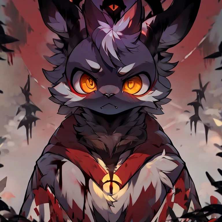 ( white male bunny) ( red cloak with golden symbol) ( death glare) ( yellow eyes) ( covered in blood) ( kanata) ( black symbol of star of chaos on his chest)