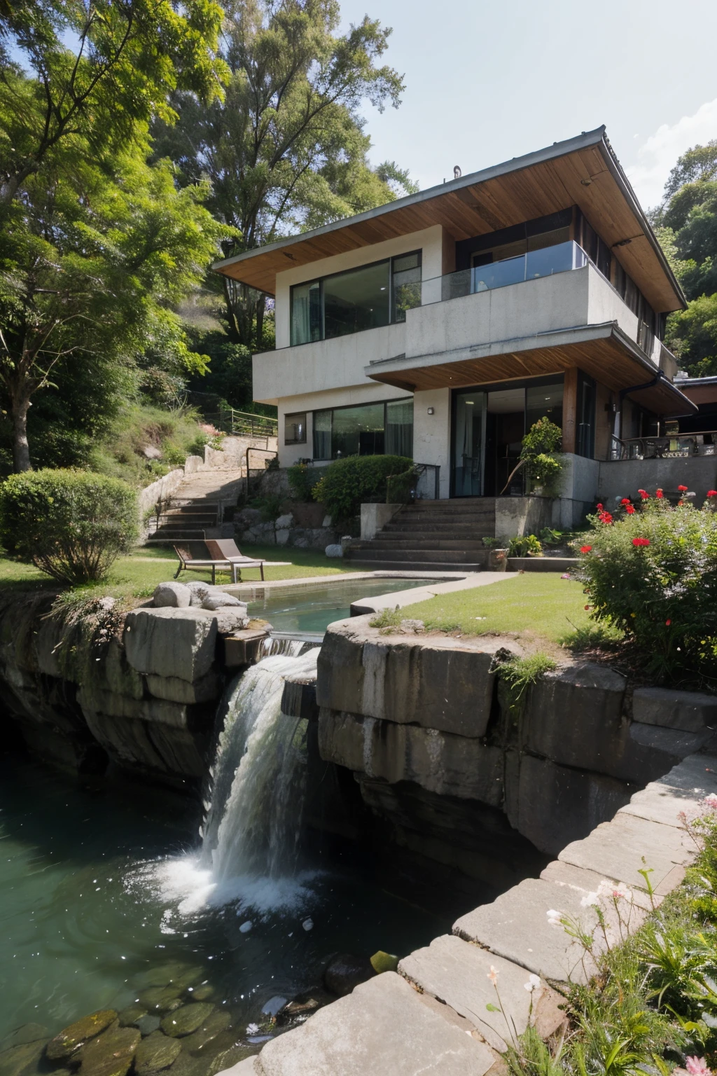 A beautiful modern house near waterfall. 
Full of flower
Peacefully