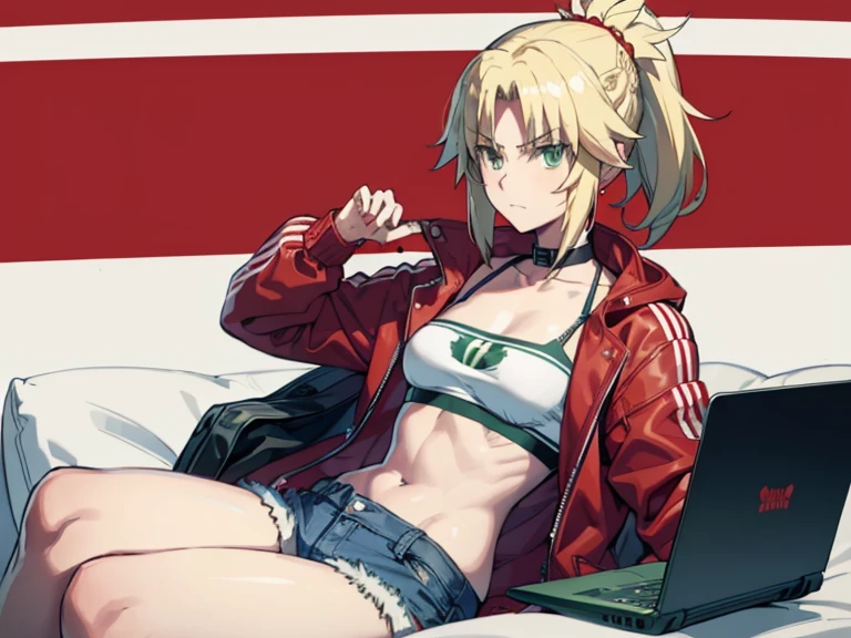 modred, (green eyes:1.5), blonde hair, ponytail, short hair, scrunchie, red scrunchie, hair scrunchie, denim, denim shorts, jacket, midriff, navel, red jacket, short shorts, shorts, tube top, red line white top, strap gap, thinking face, looking at a laptop, laptop