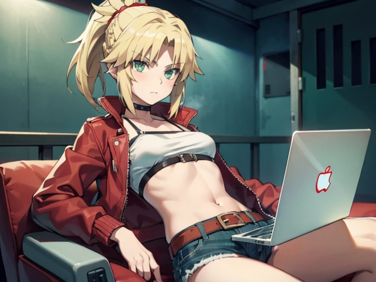 modred, (green eyes:1.5), blonde hair, ponytail, short hair, scrunchie, red scrunchie, hair scrunchie, denim, denim shorts, jacket, midriff, navel, red jacket, short shorts, shorts, tube top, red line white top, strap gap, thinking face, looking at a laptop, laptop