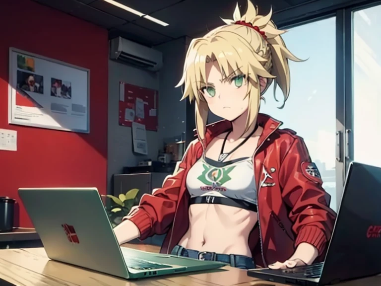 modred, (green eyes:1.5), blonde hair, ponytail, short hair, scrunchie, red scrunchie, hair scrunchie, denim, denim shorts, jacket, midriff, navel, red jacket, short shorts, shorts, tube top, red line white top, strap gap, thinking face, looking at a laptop, laptop