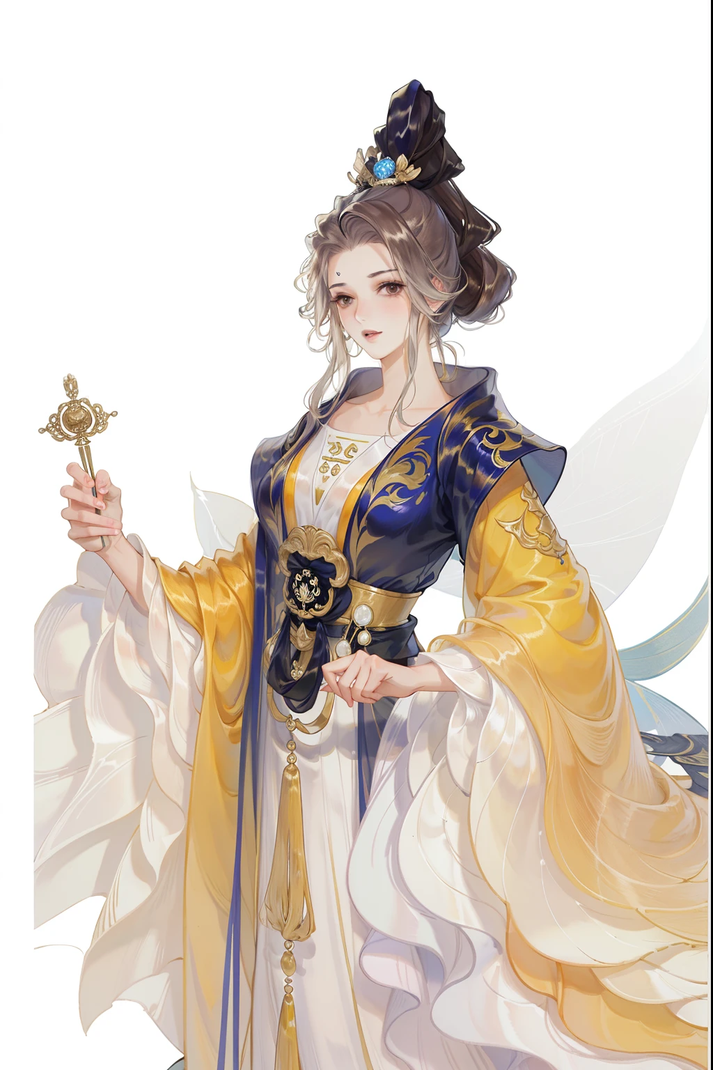 (((tmasterpiece, Best quality at best, 超高分辨率, CG unified 8K wallpaper, Best quality, ultra - detailed, ultra HD picture quality))), 1 girl, cabelos preto e longos, game fairy, Golden clothes, Hanfu, yarn, flowing gauze, Nice face, beautidful eyes, Beautiful hairstyle, Beautiful costumes, Structurally sound