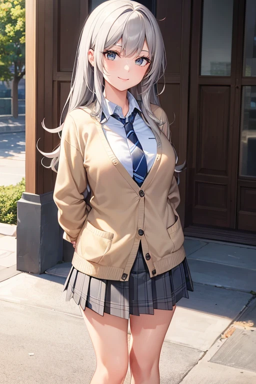 (ultra-detailed:1.3, master piece:1.3, best quality:1.3, high resolution:1.3) girl, teenager, beautiful face, 1 person, beautiful breasts, slim waist, brown eyes, eyes in highlight ,catch light eyes, specular highlight eyes, front up hair, (baggy cardigan:1.3)white business shirt, ( blue necktie,) gray plaid pleated skirt, black high socks, loafers, front tuck-in, standing, (smile, arms behind back:1.3,)