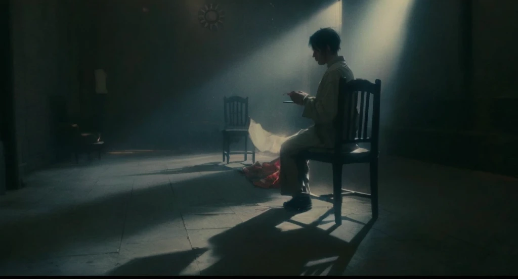 There  a man sitting on a chair in a dark room, Moody and strange cinematography, beautiful photo、Still from music videos, Opening scene, stunning cinematography, Still in the movie, Stunning emotional cinematography, screenshots from movies, cinematic Film still from, ethereal stills,