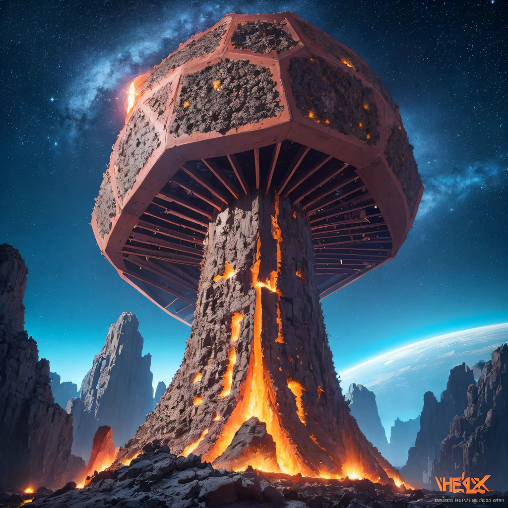 Alien Hexagonal Base (very detailed nipples) In a hexagonal mountain oasis,There are several hexagonal exhaust fans and chimneys, some neon lights projecting from the base,Light up the dark night), There are some clouds in the night sky, Some surrounding planets provide air to unknown planets,The most remote giant hexagonal volcano erupts,the rainforest
