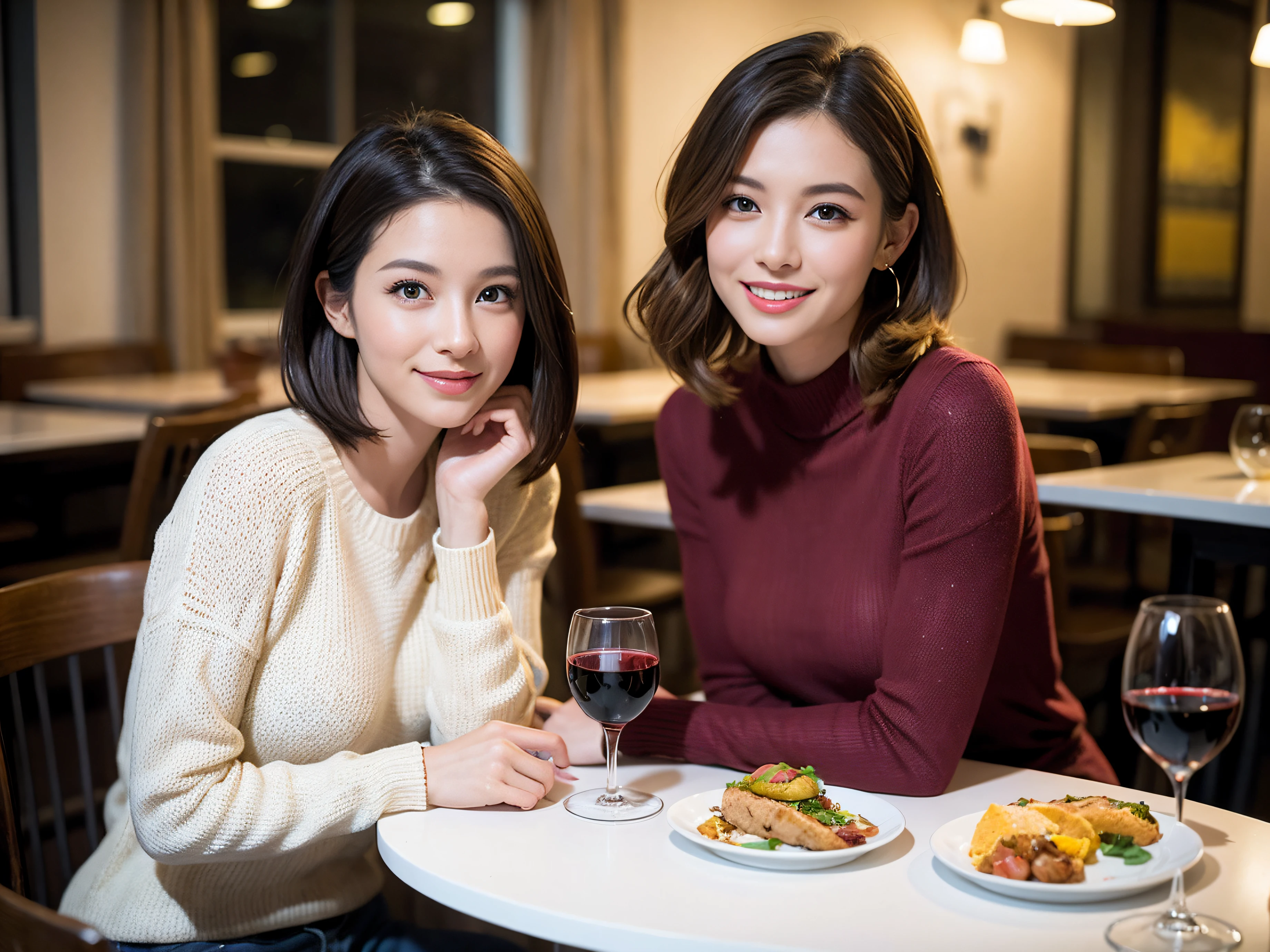 (64k uhd、nffsw、top-quality、masterpiece:1.2)、(realisitic、Photorealsitic:1.37)、ultra-detailliert、wine glasses、enjoying a glass of wine、a matural female、Two beautiful women、(Slim Faces)、(Slim body)、(brawn hair)、(short-cut)、smiling french woman、happy italian girl、British woman、Americana、blush a little on the cheeks、(38 years)、42 year old、red wine、A beautiful and detailed night view spreads out outside the window....、resturant、Wine glasses in a prominent place、natta、(from waist up)、sitting on、date、(A smile:1.15)、Beautiful detailed eyes、Cashmere sweater、long-sleeved dresses、japanes、(short-hair:1.2)、Float NovaFrogStyle、、modeled、from waist up、white wine、Slimed、wine glasses、Super beautiful night view、Put the wine glass in the middle、Happy smile、(8K、Raw photography、top-quality、masterpiece:1.2)、(realisitic、Photorealsitic:1.37)、ultra-detailliert、超A high resolution、2 females、see the beholder、beautifull detailed face、A smile、Constriction、(Slim waist) :1.3)、knit shirt、Beautiful detailed skin、Skin Texture、floated hair、professional light needle breast、eyes gentle
