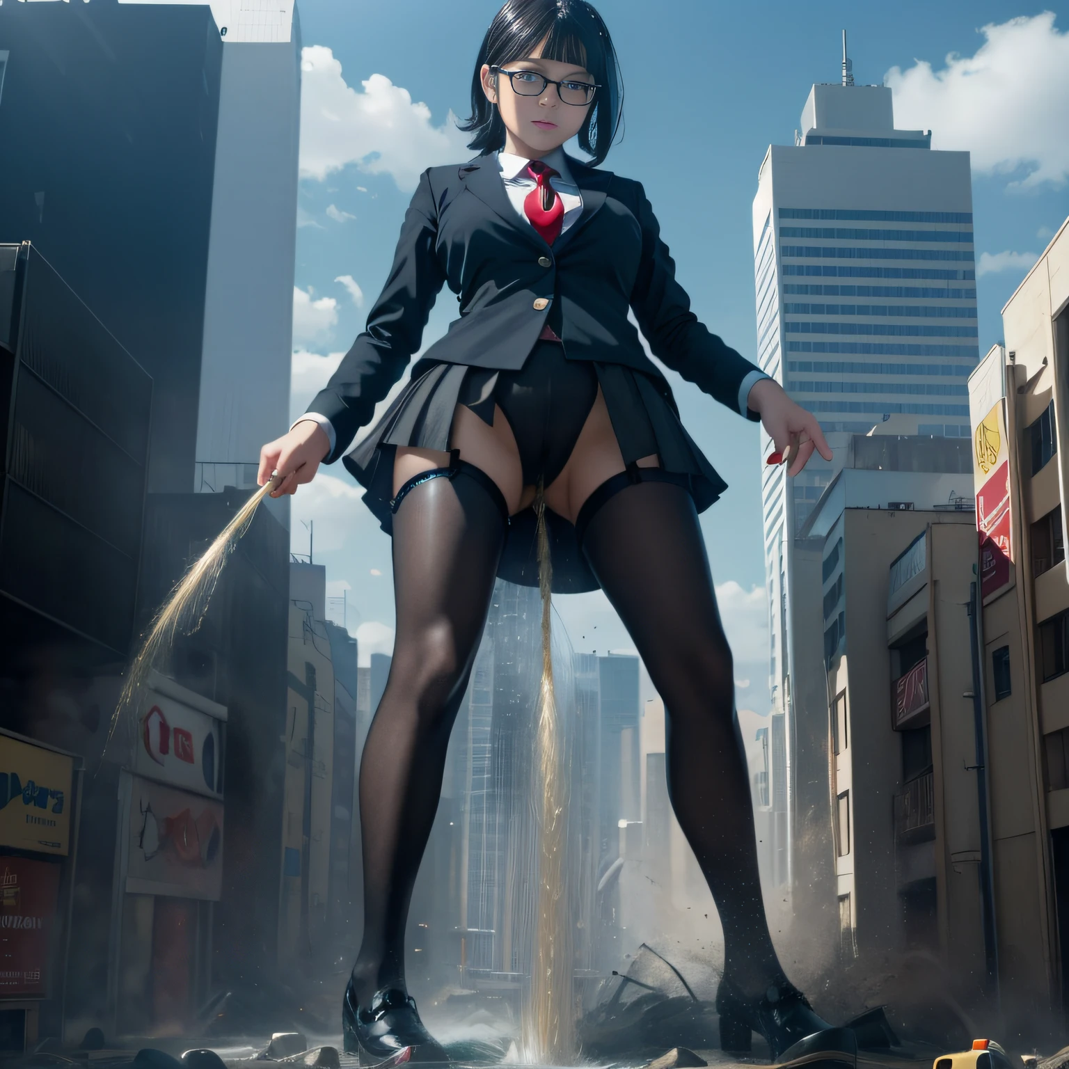 Multiple girls, giantess art, a hyperrealistic schoolgirl, , highly detailed giantess shot, der riese, Shorthair, Black pantyhose, a huge high school girl、&#39;It&#39;s much bigger than a skyscraper, Wearing rimless glasses, Colossal tits, Navy blue blazer, Red tie, Mini Length Skirt, Black pantyhose, very small metropolis, miniature metropolis, Standing pee in a miniature metropolis。&#39;It&#39;s only up to your feet., The city is a sea of urine, tsunami of urine, Small trains and cars are washed away with urine., Full body depiction, nffsw, Giga Giants, Black pantyhose, Stomping City, crash city, Small town, micro city, Peeing,