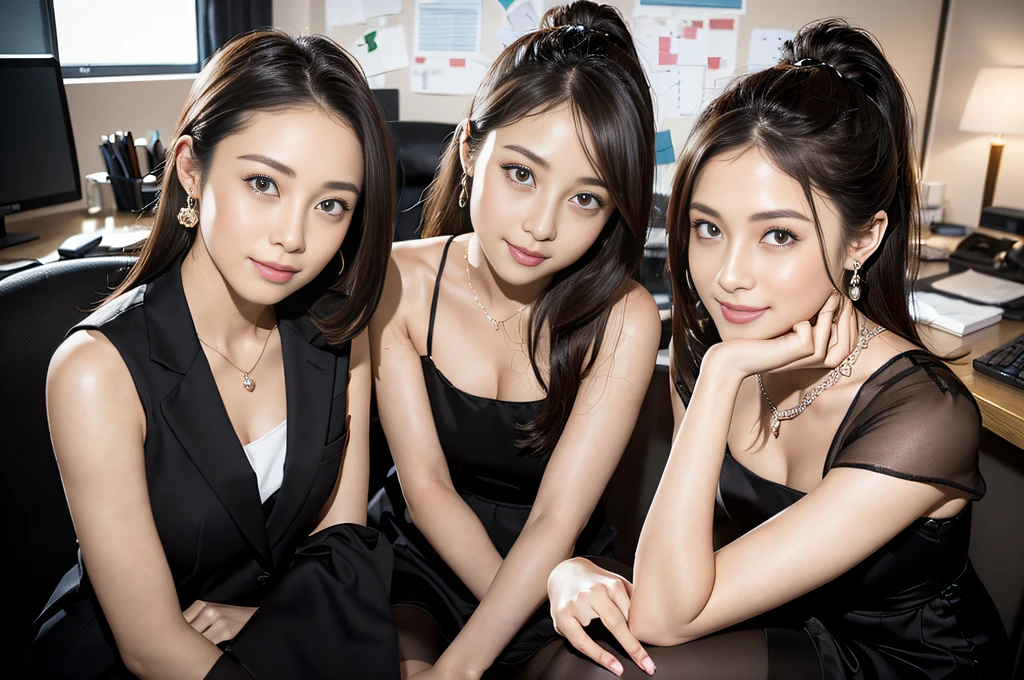 (Masterpiece, Professional lighting, 16k, 8k wallpaper, raw photo, photorealistic:1.8, ultra detailed, natural gentle lighting, detailed skin, detailed face, detailed eyes, textured skins, cinematic composition, detailed background:1.2 ), BIBC, ((Group shot:1.2, 3girl, extremely beautiful girls:1.35, full body:1.5)), extremely beautiful face, cute face, idol, ((wearing identical bank uniform:1.2, slender, skinny, business shirt, see-through:0.7, mini tight skirt:1.5, pantyhose:0.9)),( sitting on chair, inside office), (perfect face, highly detailed face, perfect eyes, detailed eyes), ((cute face)), (looking at viewer, embarrassed:1.2, smile:1.25, full body), ((attractive feminine body, sexually suggestive)), looking at viewer, young girls, embarrassed, glossy lips, teenage girls, Caucasian, Asian, long hair, updo, ponytail, necklace, earrings, partly naked, seductive, silky skins, joyful, 18 yo