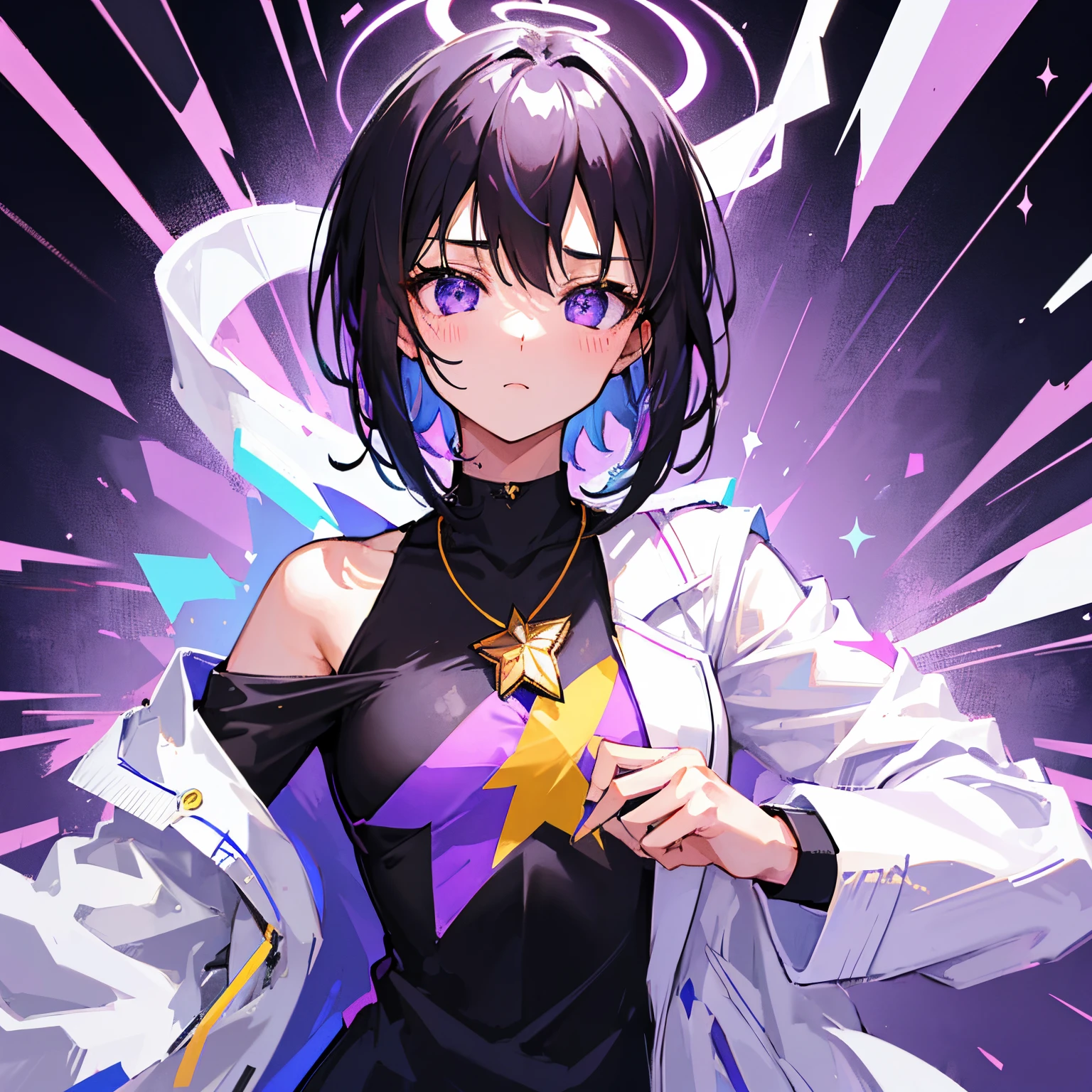 girl, black hair, purple strips, black shirt with hole in the chest, white jacket, genshin impact, short Messy hair,star necklace, star clip, gorgeous, pretty,sexy,Inazuma,japan
