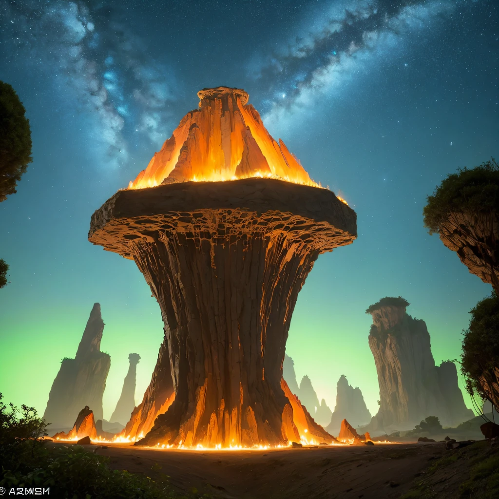 Alien Hexagonal Base (very detailed nipples) In a hexagonal mountain oasis,There are several hexagonal exhaust fans and chimneys, some neon lights projecting from the base,Light up the dark night), There are some clouds in the night sky, Some surrounding planets provide air to unknown planets,The most remote giant hexagonal volcano erupts,the rainforest