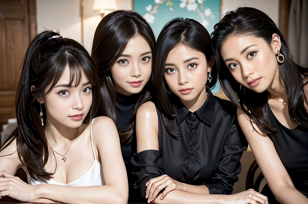 (Masterpiece, Professional lighting, 16k, 8k wallpaper, raw photo, photorealistic:1.8, ultra detailed, natural gentle lighting, detailed skin, detailed face, detailed eyes, textured skins, cinematic composition, detailed background:1.2 ), BIBC, ((Group shot:1.2, 3girl, extremely beautiful girls:1.35, full body:1.5)), extremely beautiful face, cute face, idol, ((wearing identical bank uniform:1.2, slender, skinny, business shirt, see-through:0.7, mini tight skirt:1.5, pantyhose:0.9)),( sitting on chair, inside office), (perfect face, highly detailed face, perfect eyes, detailed eyes), ((cute face)), (looking at viewer, embarrassed:1.2, smile:1.25, full body), ((attractive feminine body, sexually suggestive)), looking at viewer, young girls, embarrassed, glossy lips, age girls, Caucasian, Asian, long hair, updo, ponytail, necklace, earrings, partly naked, seductive, silky skins, joyful, 18 yo