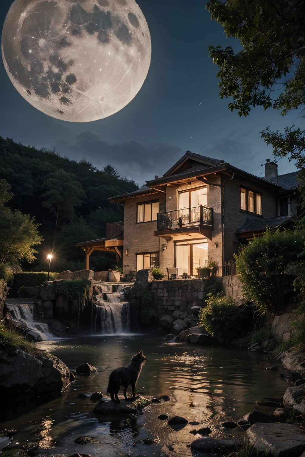 A beautiful modern house near waterfall. 
Full of flower
Night time, show moon, star and beautiful lamp
There is a wolf standing near a man
Peacefully