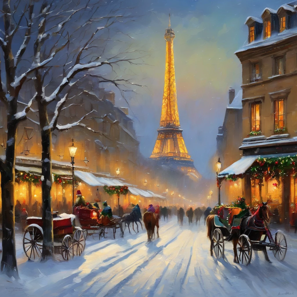 (best quality,4k,8k,highres,masterpiece:1.2),ultra-detailed,(realistic,photorealistic,photo-realistic:1.37),snowy winter night in Paris,beautifully illuminated Eiffel tower,peaceful snow-covered streets,romantic couples strolling hand in hand,glowing streetlamps casting warm light on the snow,clothing stores decorated with sparkling lights,vibrant Christmas market with colorful stalls,charming horse-drawn carriages dashing through the snow,delicate snowflakes falling gracefully,with snow-covered rooftops and towering landmarks,inviting viewers to immerse themselves in the winter wonderland.