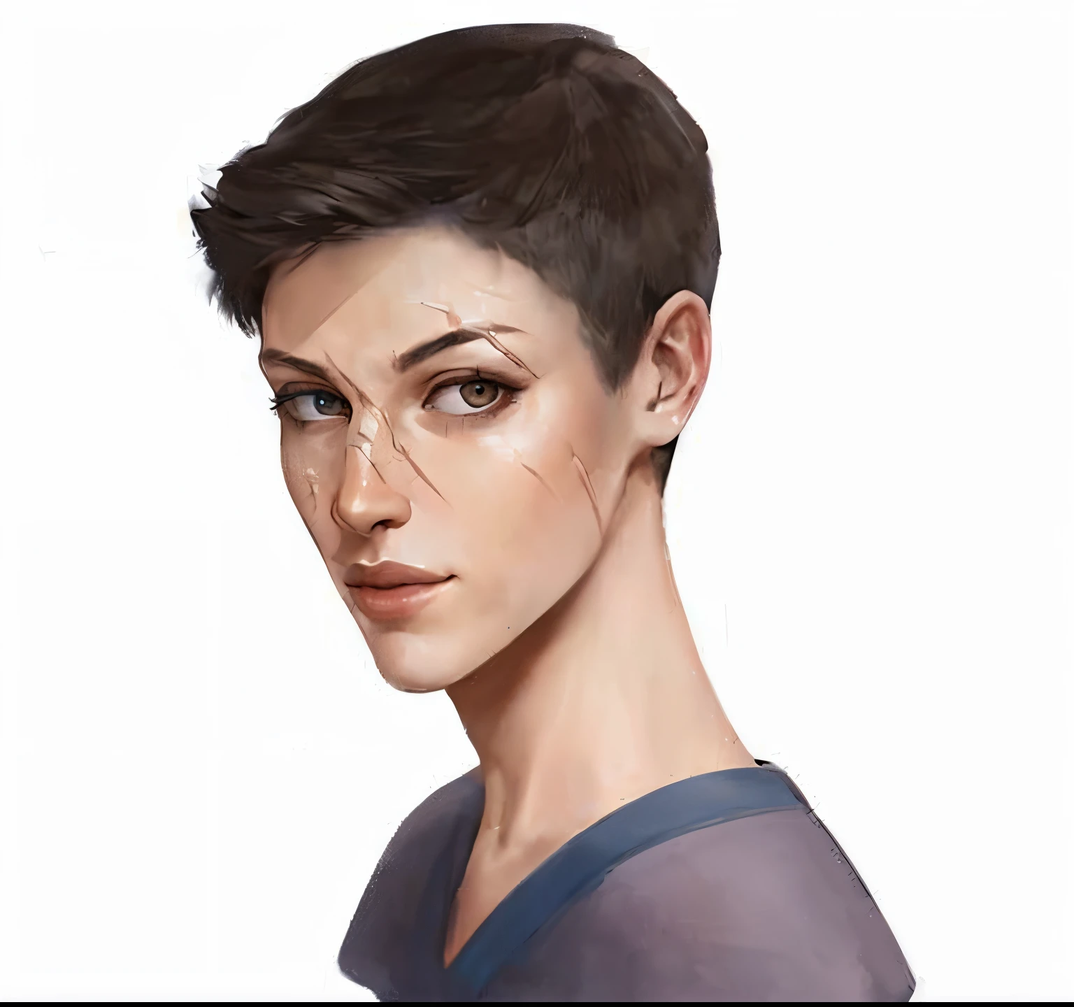 a close up of a person with a face with a broken eye, realistic female portrait, attractive androgynous humanoid, detailed character portrait, charlie bowater character art, character art portrait, charlie bowater art style, character headshot portrait, realistic character concept, unrealistic character concept, painted character portrait, realistic portrait, character concept portrait, style of charlie bowater