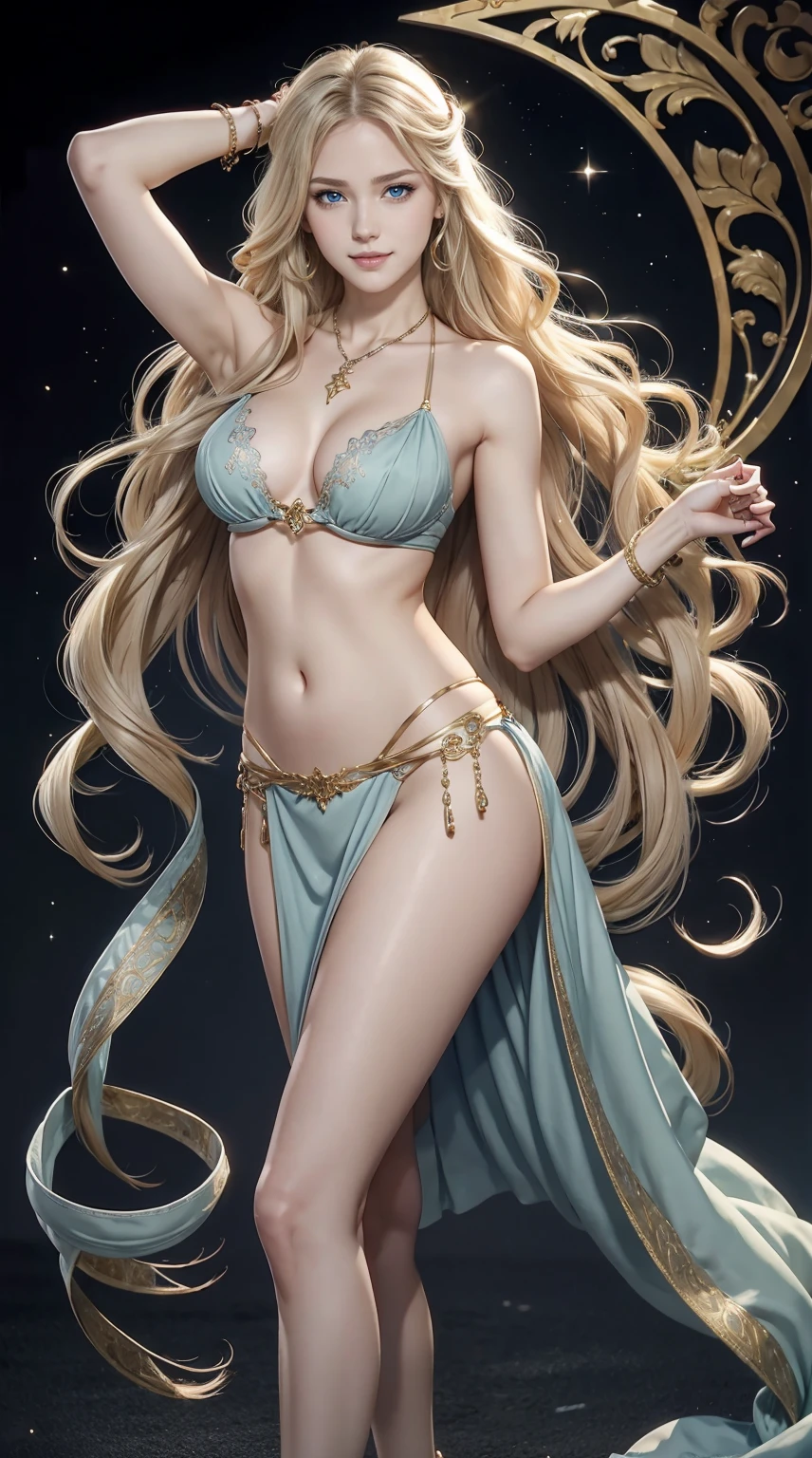 25-year-old Caucasian woman、ash blonde、blue eyess、Semi-long、setting hair、I'm tying my hair、My hair is wavy、Slender but thin macho、accessories on the wrist、wearing a chain necklace、Beautiful breasts、a smile、I need space above my head、Wearing belly dancing costumes、Wearing high heels、Snowflakes are falling all over the screen、background art nouveau