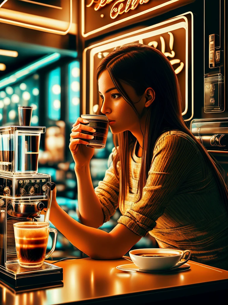 impactful composition, gotejamento (Neon light: 0. 4) (coffee shop: 0. 4) (Thermal I reject: 0. 4) pintura em toda a forma de um ser humano feminino, Woman drinks a coffee, realista, alto detalhe, fundo branco