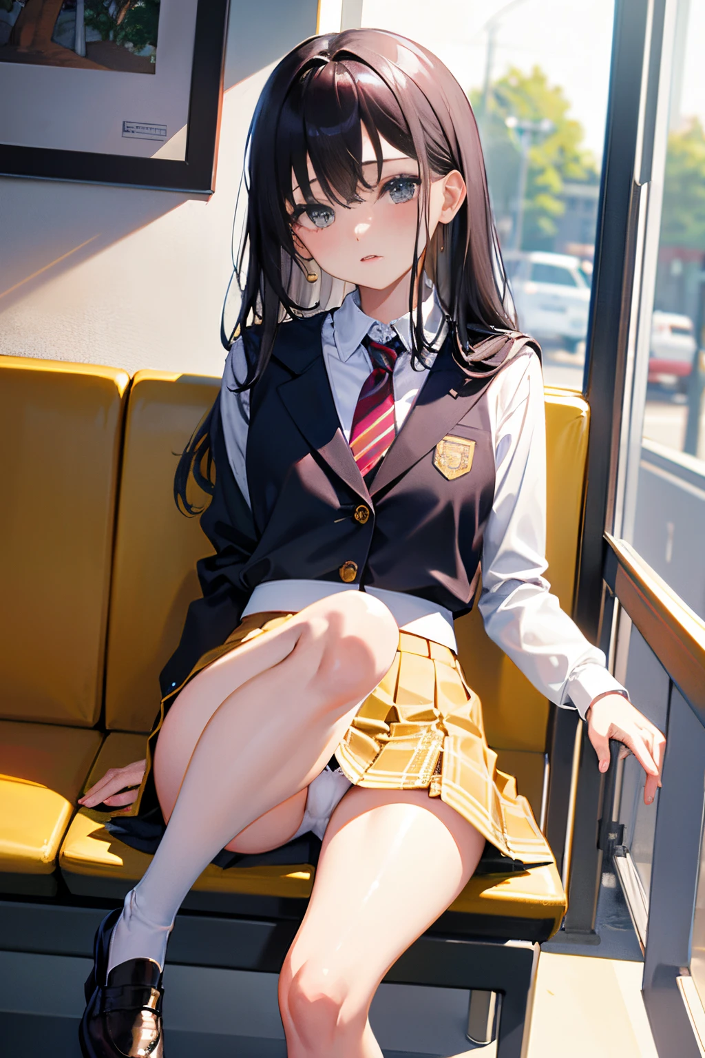 top-quality、hight resolution、ultra-detailliert、masterpiece、Raw photography:2、realisitic:2、Photorealsitic:2、extremely delicate and beautiful、finely detail、Textured skin、low angles、1girl in、Solo、Alone、18 year old beautiful schoolgirl、in a high school uniform、(Subway seat facing the camera)、(Sitting on a chair with open legs)、Navy jacket and plaid skirt、white shirt、neck tie、black loafers beautiful face:1.5、tall、Black hair、Bare legs、perfectly proportions、small tits、Open legs like Sharon Stone、Open your crotch、 Legs、Showing white panties:1.7、、Do not expose your upper body、I see underwear、A woman's genitals are hidden
