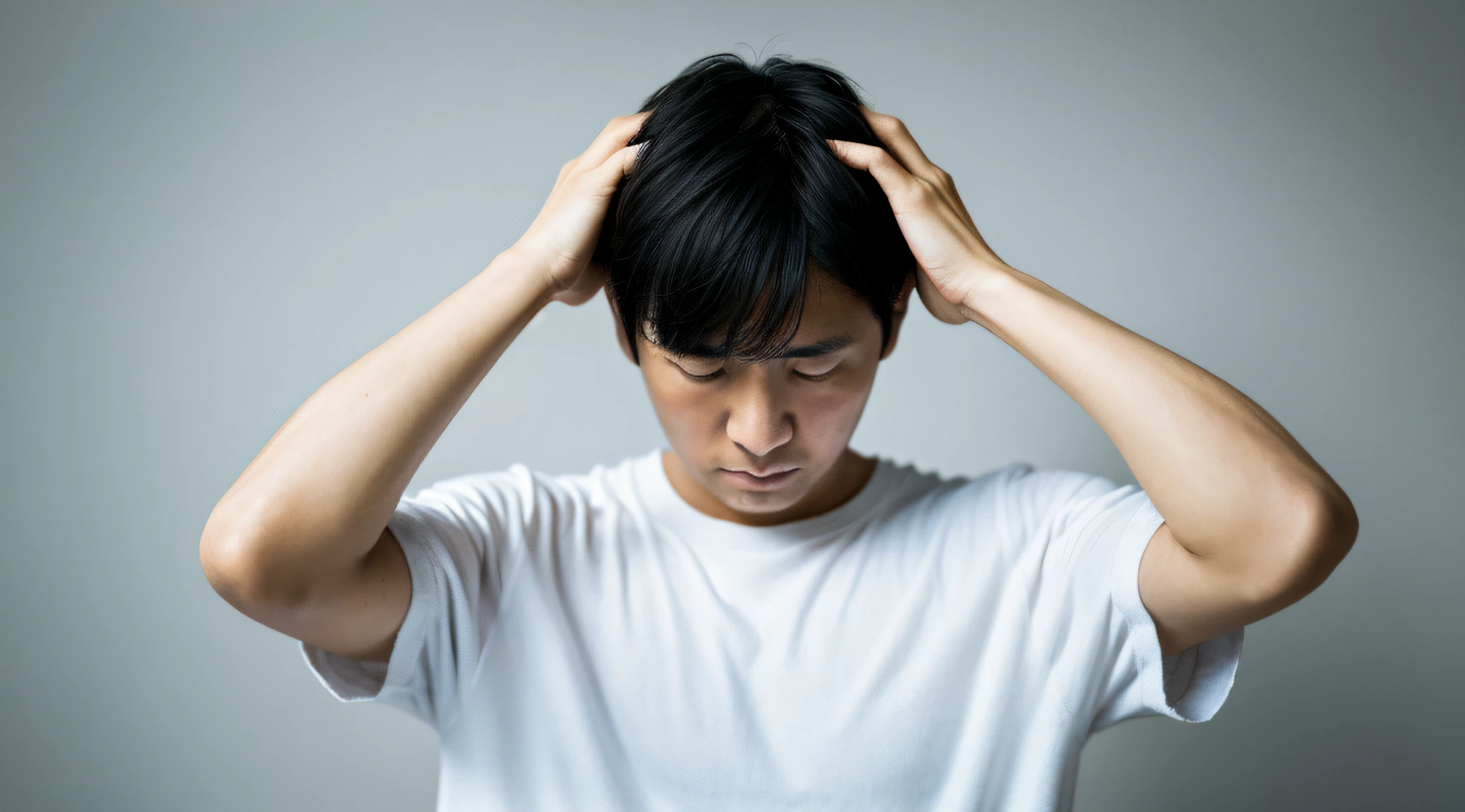 Held the head、hopelessness、japanes、worst feeling、worst、hard、Young men、simple background、age 30s、1 male、I'm worried、stunned、white backgrounid、It features a simple、hiquality、4K、8K