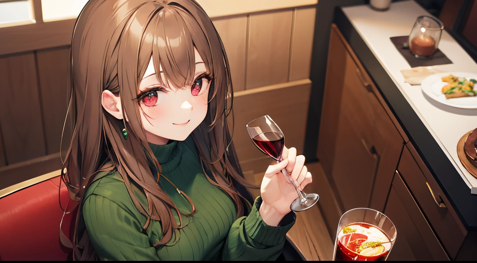 Angle from above, High angle, ​masterpiece、top-quality、 A 25-year-old woman with long wavy brown bangs and red eyes.、wearing a green knit dress、Have a wine glass、(looking up:1.2), (Smiling expression:1.3)、(Staring:1.5)、sitting on、The background is a restaurant、Upper body is shown、Alone、