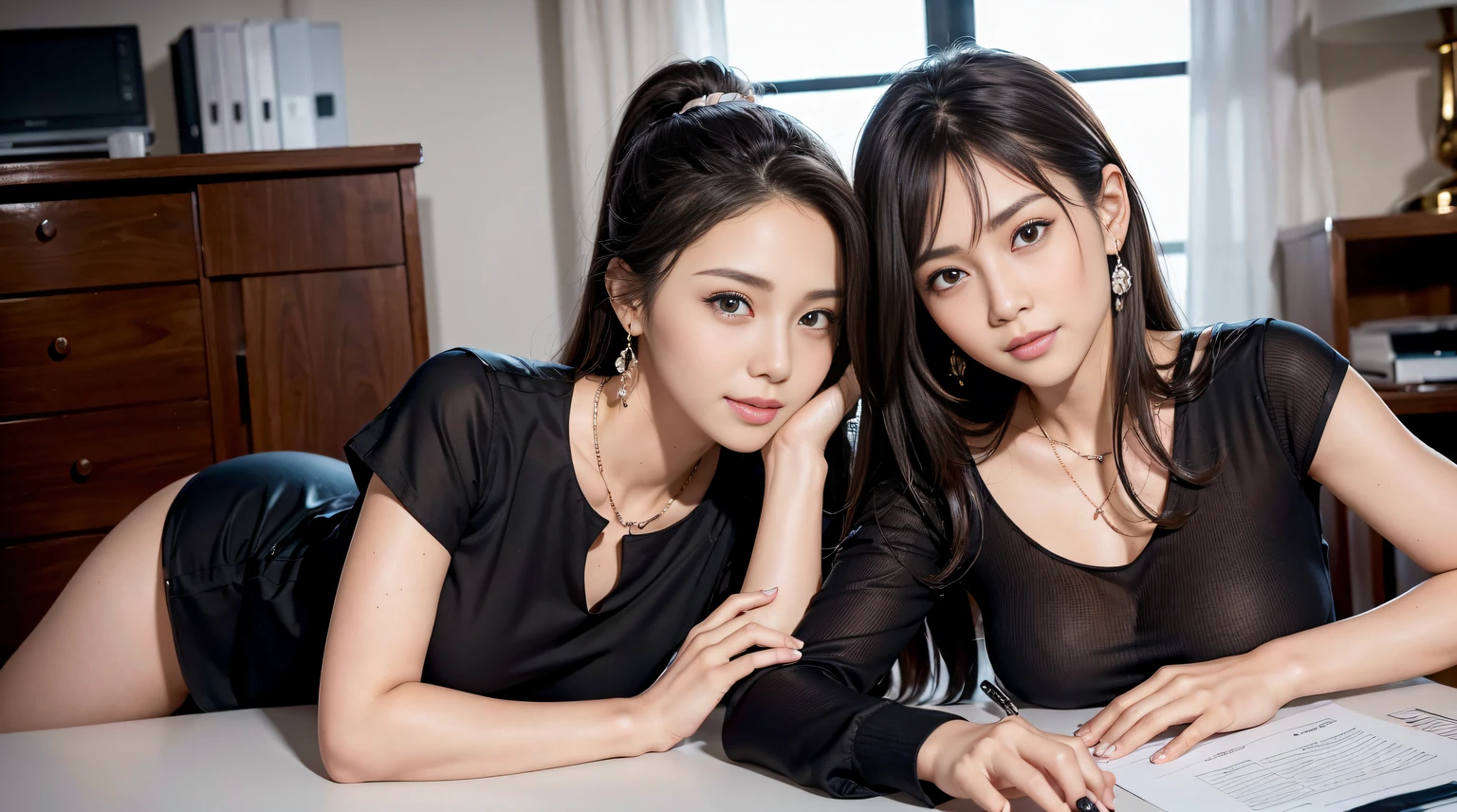 (Masterpiece, Professional lighting, 16k, 8k wallpaper, raw photo, photorealistic:1.8, ultra detailed, natural gentle lighting, detailed skin, detailed face, detailed eyes, textured skins, cinematic composition, detailed background:1.2 ), BIBC, ((Group shot:1.2, 3girl, extremely beautiful girls:1.35, full body:1.5)), extremely beautiful face, cute face, idol, ((wearing identical office uniform:1.2, slender, skinny, business shirt, see-through:0.7, tight skirt:1.5, panty under pantyhose:0.9)),( sitting on chair, inside office), (perfect face, highly detailed face, perfect eyes, detailed eyes), ((cute face)), (looking at viewer, embarrassed:1.2, smile:1.25, full body), ((attractive feminine body, sexually suggestive)), looking at viewer, young girls, embarrassed, glossy lips, age girls, Caucasian, Asian, long hair, updo, ponytail, necklace, earrings, seductive, silky skins, joyful, 18 yo