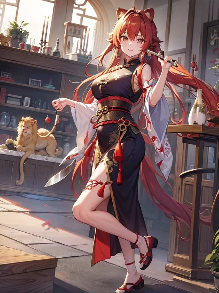 a lion，youkai，lion ears，wearing ancient Chinese costume，shoe，With a large knife，Walk upright