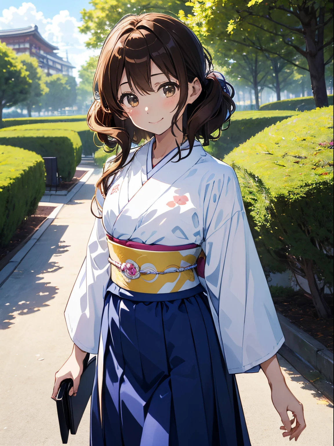 ​masterpiece、top-quality、ighly detailed、独奏、Three-dimensional feeling、realisitic、Kumiko、Outside、a park、realisitic,1girl in、Beautiful flowers々Park in full bloom、A smile、A delightful!　Taisho period in Japan、White color kimono、Hakama、standing on the grass、kumiko oumae,absolute reference to center、A girl with a cute smile no matter who sees her